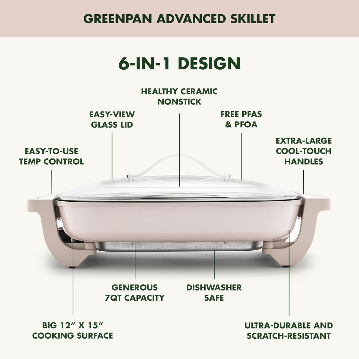 GreenPan Advanced 12” X 15” Electric Skillet with Lid, 7QT Capacity for Family Meals, Healthy Ceramic Nonstick PFAS-Free Coating, Fry, Sauté, Steam, Simmer, Sear, Stir Fry, Dishwasher Safe, Clay