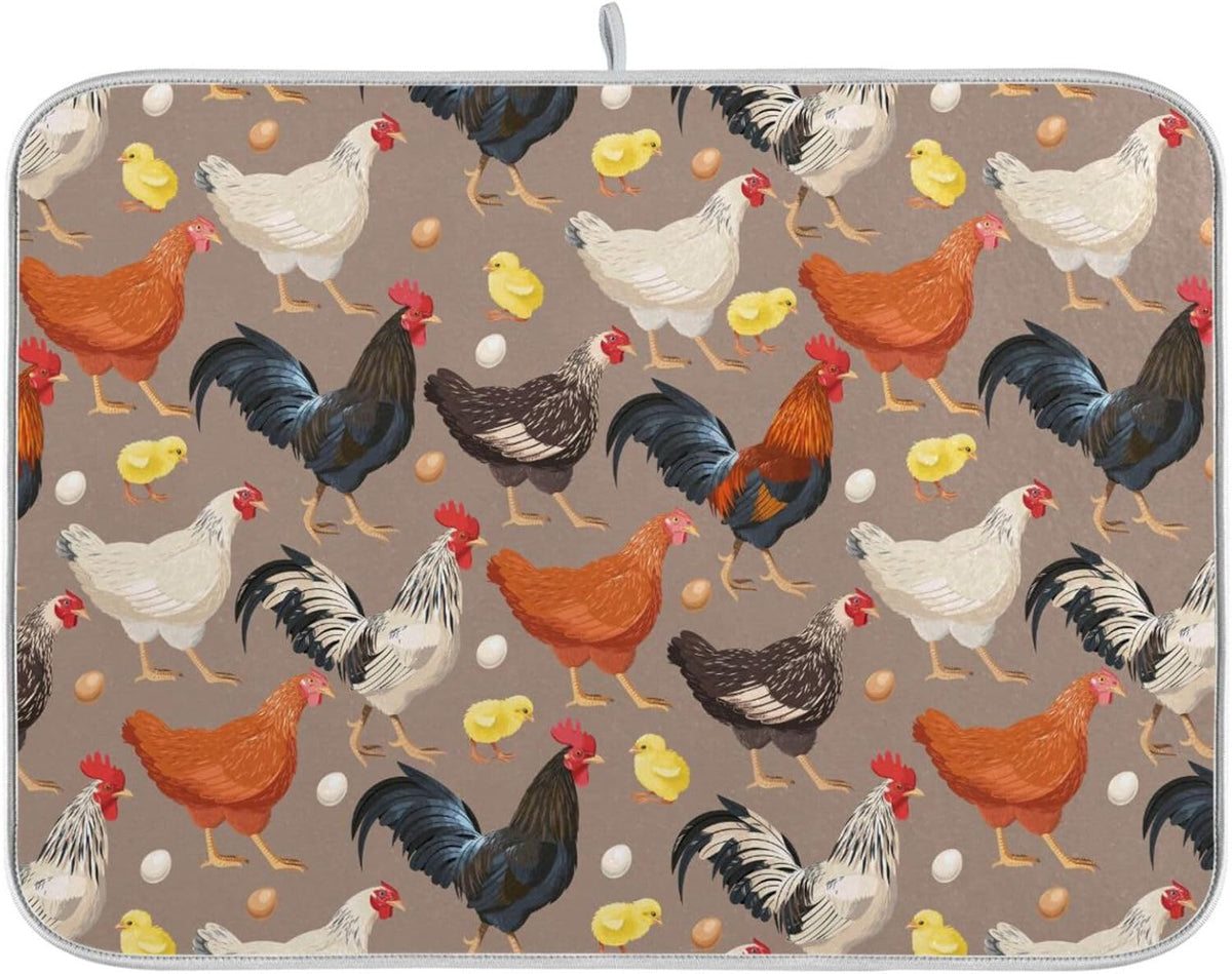 Hens Roosters Chicken Dish Drying Mat for Kitchen Counter Absorbent Microfiber Drying Pad, Medium 16x18 in, Reversible Drainer Mats