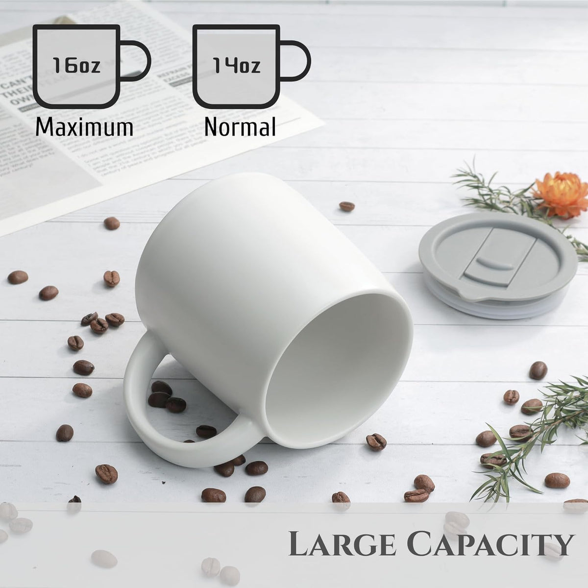Classic Mug, 14 oz Large Coffee Mug with Handle, Ceramic Porcelain Tea Cup, Smooth Matte (Sliding Lid, White)
