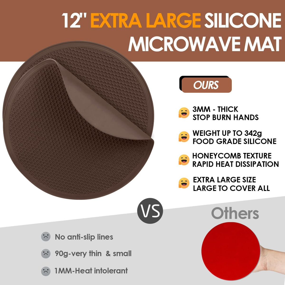 Brown Silicone Microwave Mat 12 inch Extra Large Multi-Use Microwave Mat Heat Resistant Silicone Trivet Mat Pot Holders Hot Pads for Kitchen, Silicone Cover Pad for Microwave Oven Hot Pot Pans, 2Pack