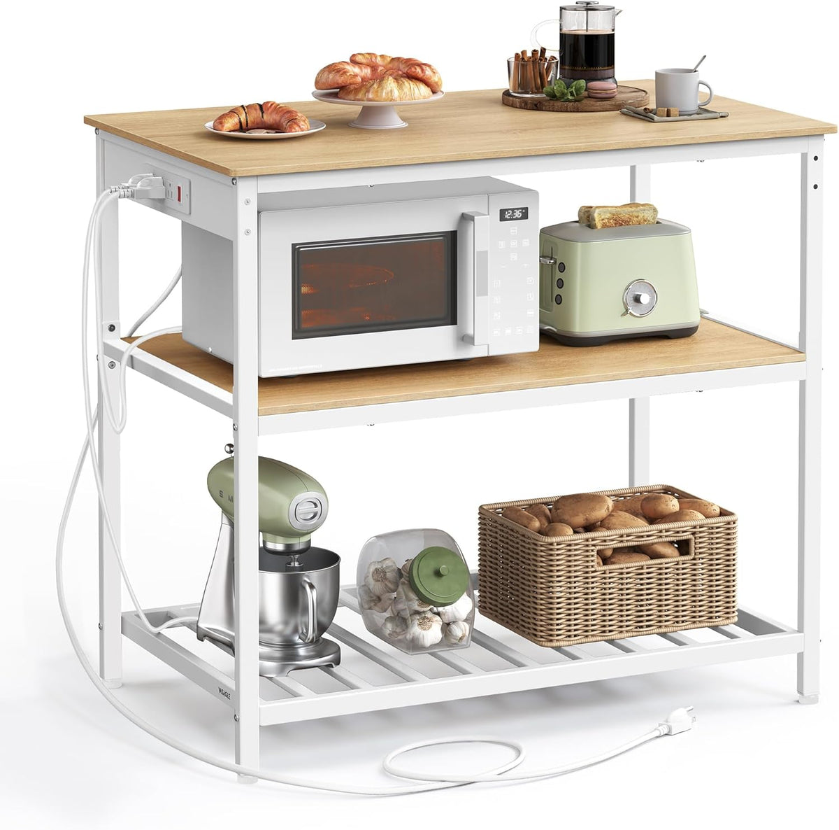VASAGLE Kitchen Island with 3 Shelves, Kitchen Shelf with Power Strip, 23.6 x 39.4. x 34.9 Inches, Large Worktop, Steel Structure, Industrial, Easy to Assemble, Oak Color and White UKKI105Y01