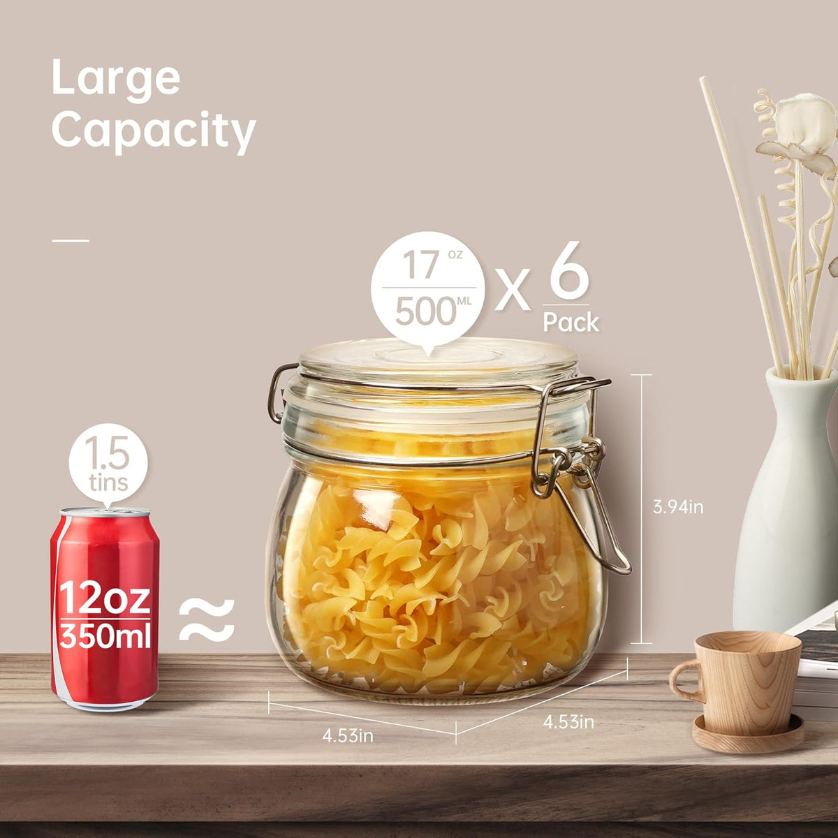 Glass Jars with Airtight Lid Set of 6, 17 floz Wide Mouth Mason Jars with Clamp Lids,Glass Sealed Jars with Air Tight Lids, Best for Kitchen & Pantry Food Storage