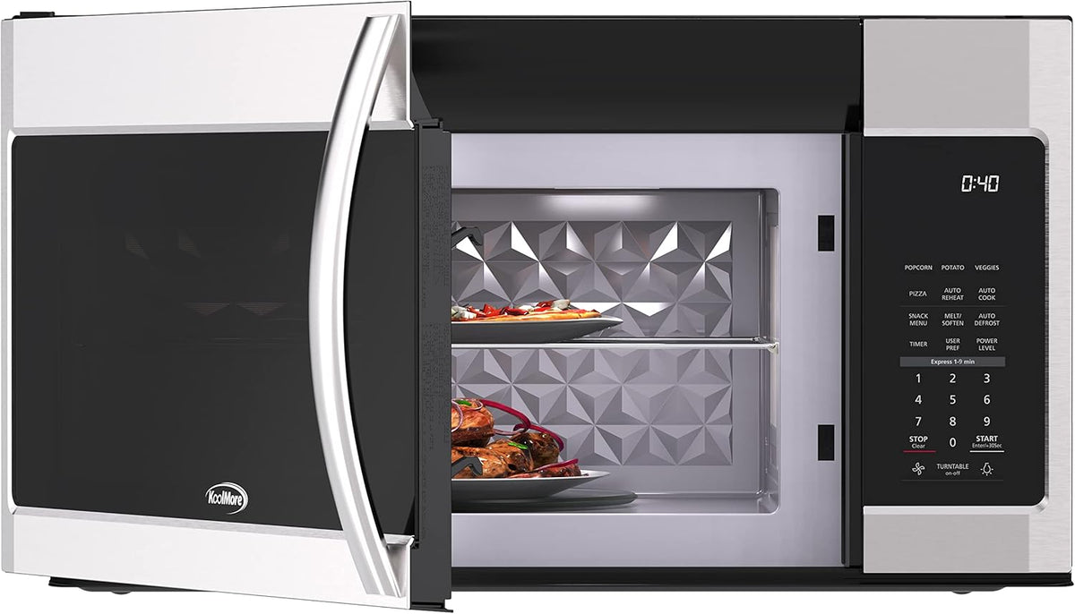 KoolMore KM-MOT-2SS Range Microwave Oven Lamp and 300CFM Recirculation Vent Hood, Auto Cook Menus, Reheat Function, 11 Power Levels, Timer, and Weight Defrost, 30 in/1.9 Cu. Ft, Silver