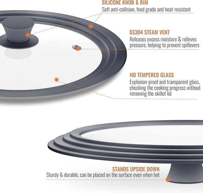 Universal Lids for Pots, Pans and Skillets, 7", 8" and 9" Pan Lid, Tempered Glass Pot Lid with Silicone Rim Heat Resistant, Replacement Pan Cover for Frying, Cookware & Bakeware Lids, Grey