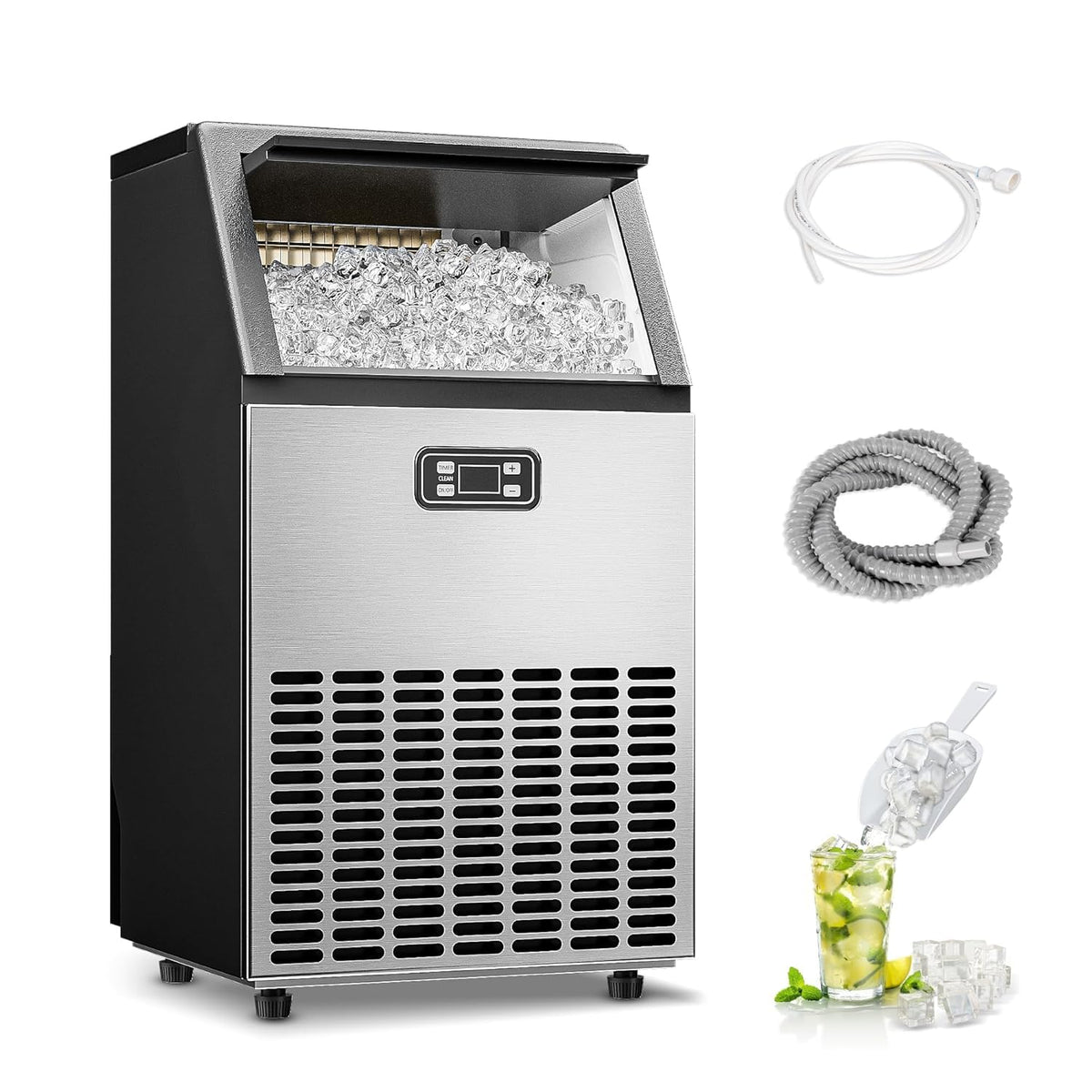 Commercial Ice Maker Machine, 100lbs/Daily Ice Production Under Counter Ice Maker, Self-Cleaning, Timer Stainless Ice Machine with 33lbs Ice Storage, Ideal for School, Home, Bar, RV