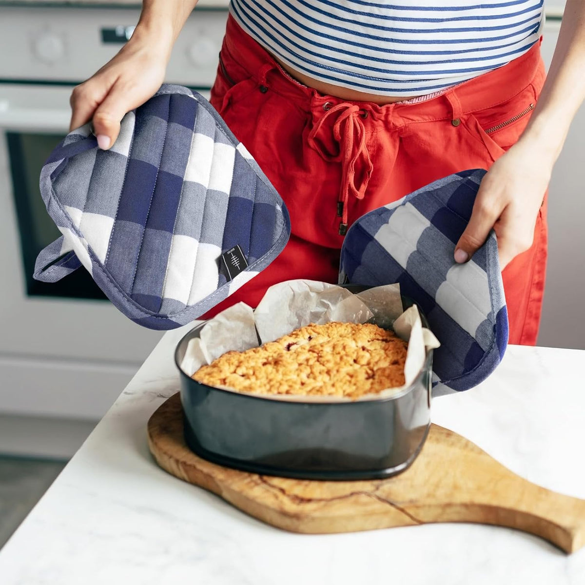 Cotton Pot Holders for Kitchen Heat Resistant Potholder, Hot Pads, Trivet Coaster Non-Slip Potholders Set for Cooking and Baking (2, Blue Plaid, Square，8.27 in²)