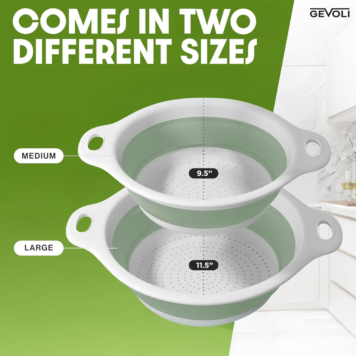 Collapsible Colanders (2 Pack Set) Food Strainers with Over-Sink Water Draining Base for Pasta Fruits and Vegetables (4 and 5 Quart) - White/Sage