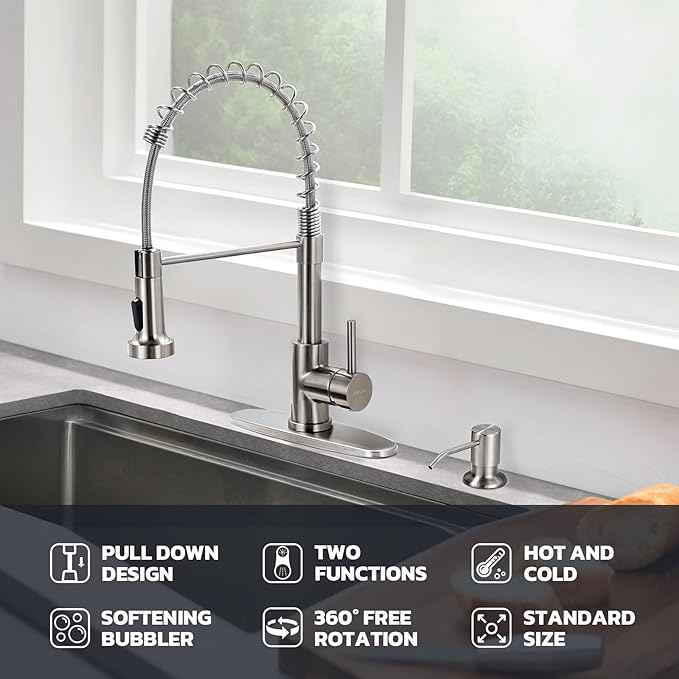WEWE Kitchen Sink Faucet with Soap Dispenser, Kitchen Faucet with Pull Down Sprayer Stainless Steel Single Handle High Arc Pull Out Brushed Nickel Faucet for Bar Laundry RV Utility Sink