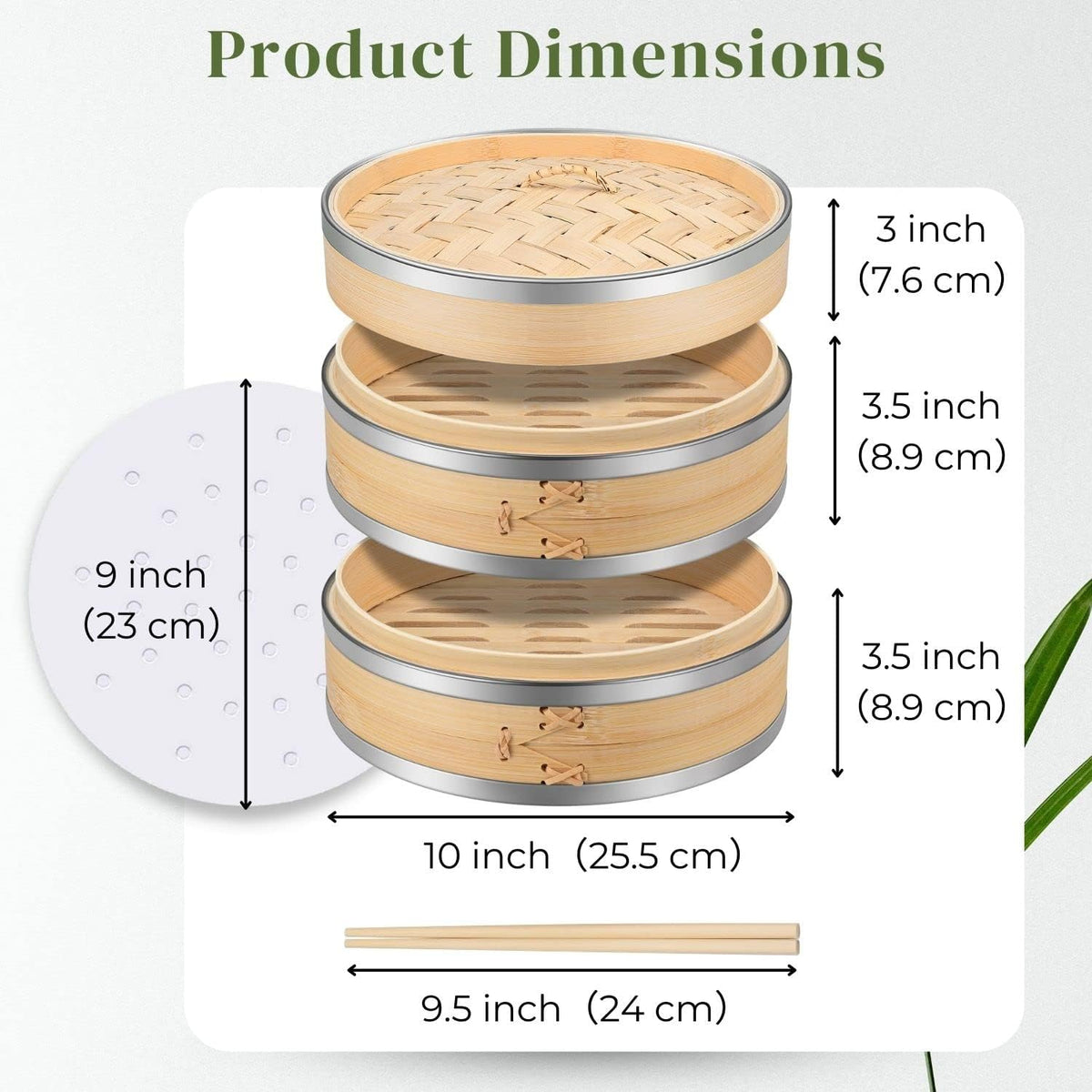 Flexzion Bamboo Steamer Basket Set (10 inch) with Stainless Steel Banding, 50 x Steamer Liners and 2 Pairs of Chopsticks, Steam Baskets for DimSum Dumplings, Rice, Vegetables, Fish and Meat