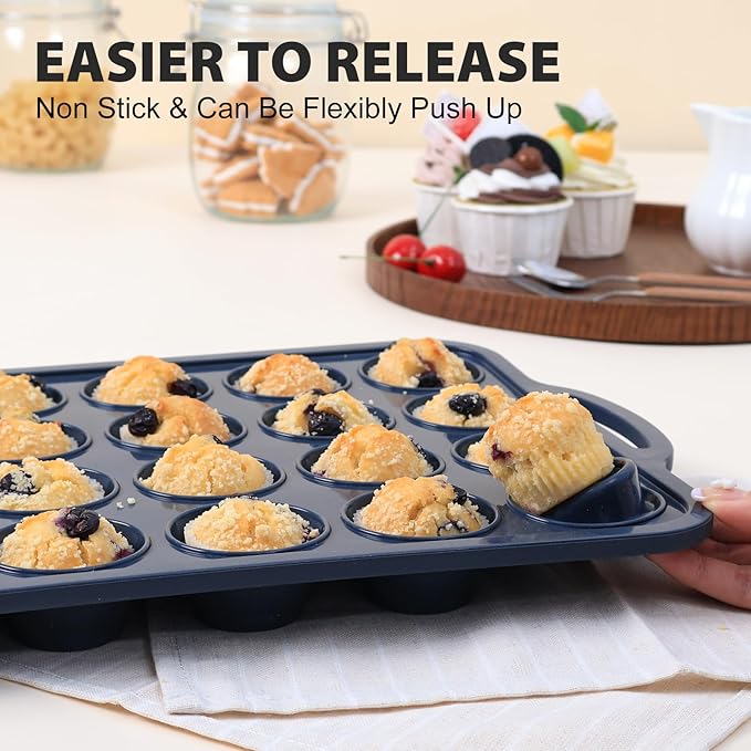 Mini Silicone Muffin Pan with Metal Frame, Non Stick Silicone Cupcake Pan with Handles 24 Cup, BPA Free Silicon Muffin Tin Tray Small for baking, egg bites, Cupcake Mold Grey