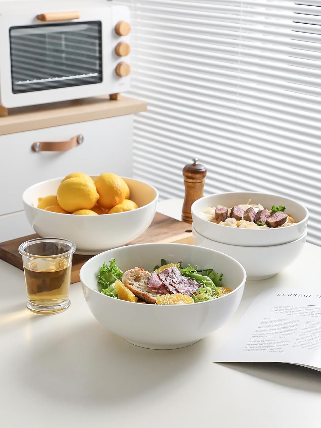 Kanwone Large Serving Bowls - 55 Ounce, Porcelain Salad Bowls, Pasta, Ceramic Soup Bowls, Set of 2, Serving Dishes for Entertaining, Housewarming Gift, Microwave and Dishwasher Safe, White