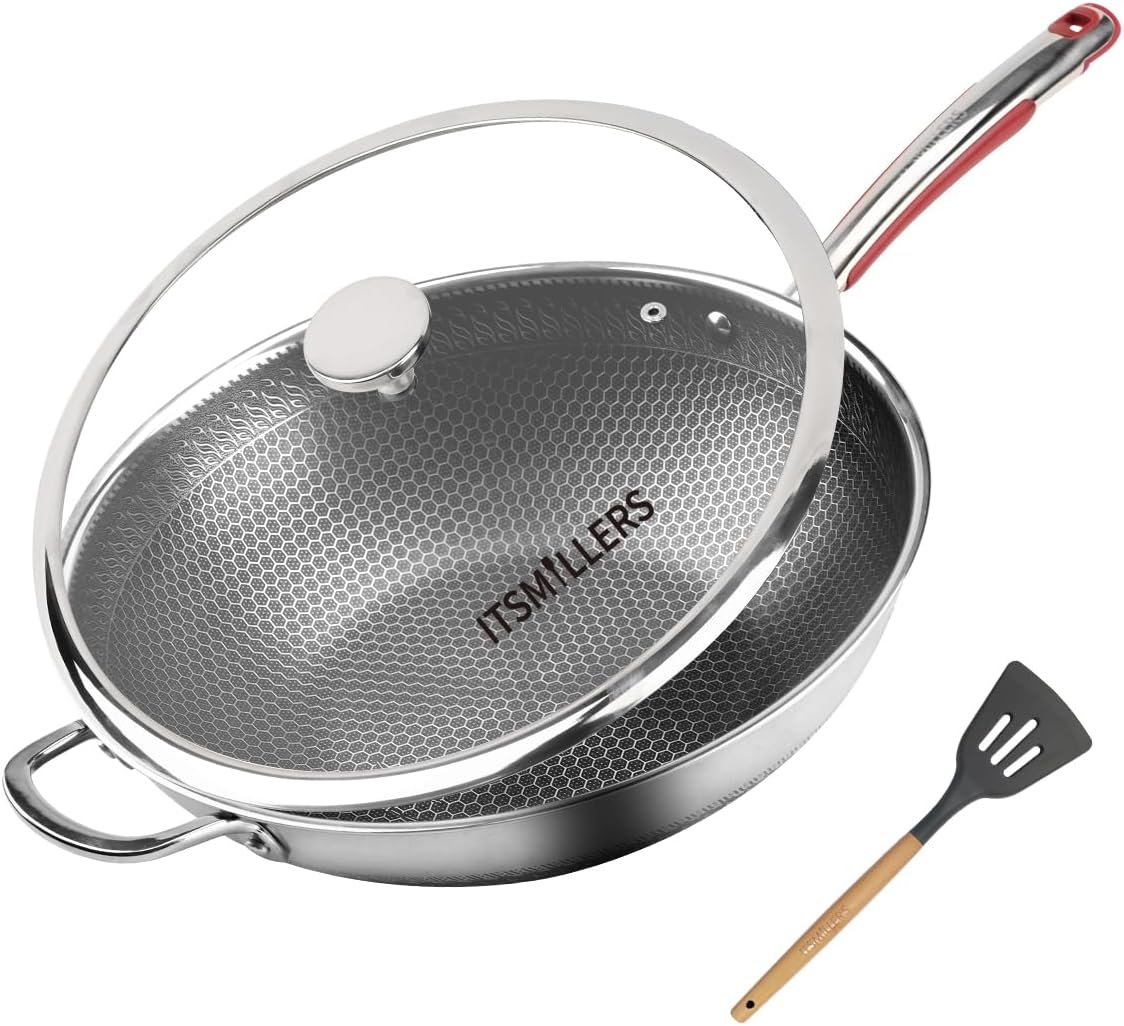Tri-ply Stainless Steel Wok with Lid, 13.5'' PFOA Free Nonstick Stir Fry Pan, Induction Compatible, Dishwasher and Oven Safe, Scratch-resistant Surface