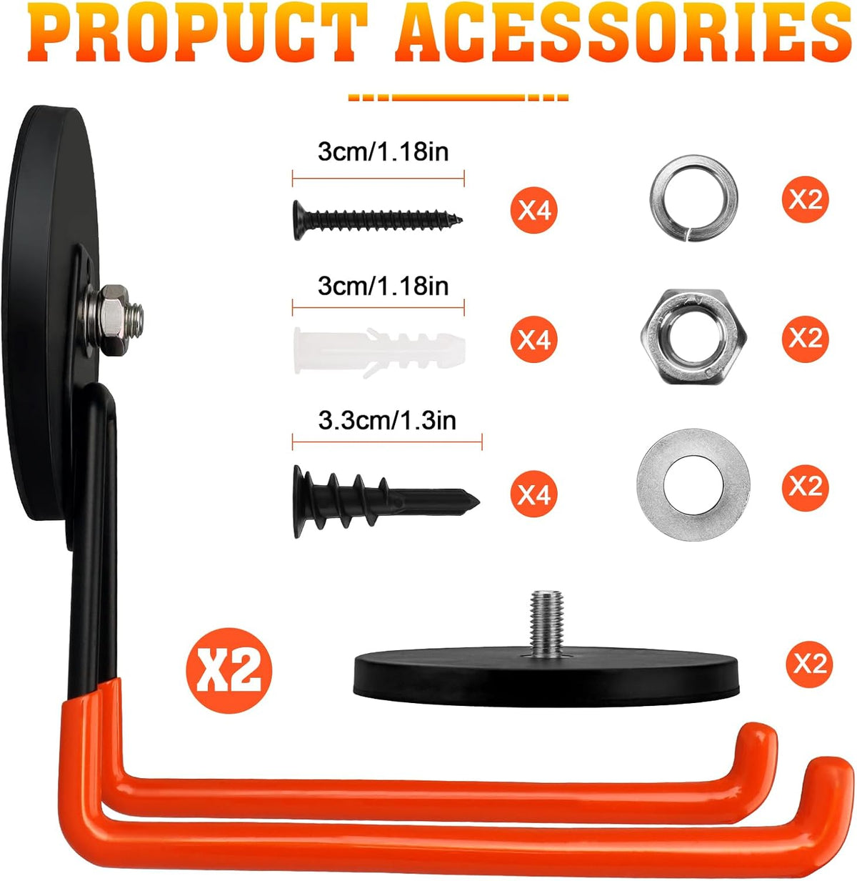 Large Magnetic Hooks Heavy Duty Magnetic Garage Hook,2 Pack Magnet Hooks with Anti-Slip Coating, Strong Storage Utility Magnetic Hook fo Metal Cabinet,Pegboard,Garage Shelve,Garden Tools(Orange,L)