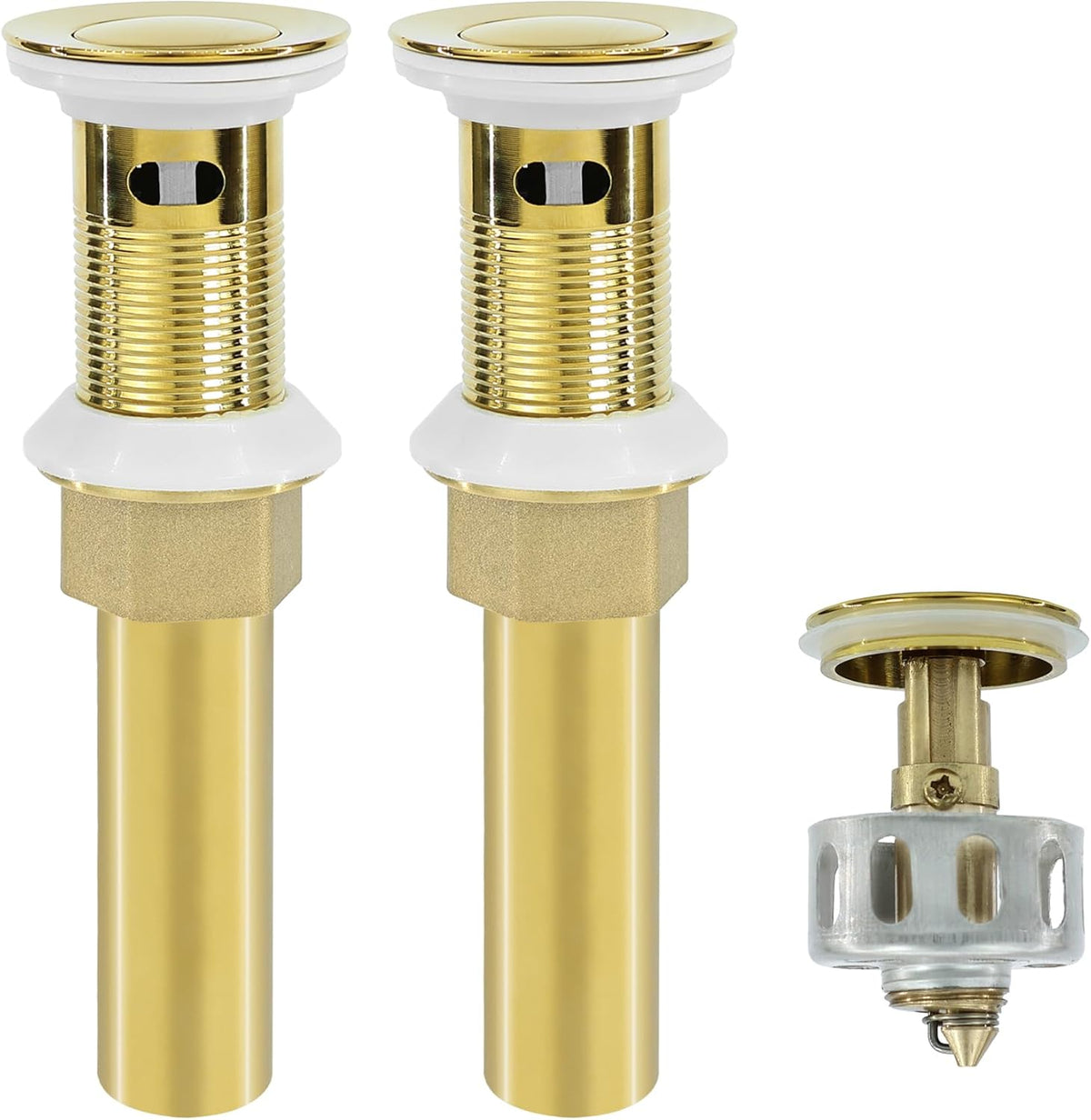 Bathroom Sink Drain,2 Pack Gold Stainless Steel Bathroom Drain Stopper with Overflow,Small Cap Pop Up Drain Assembly with Detachable Strainer Basket,Built-in Anti-Clogging