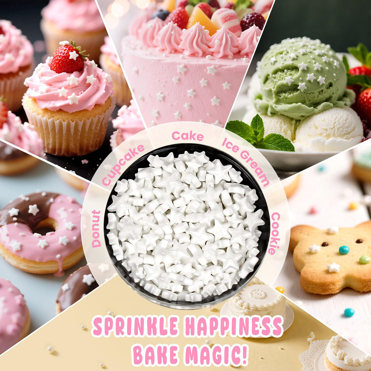 White Star Sprinkles for Cake Decorating, Edible Star Candy, 150g/5.29oz Mix Size, Baking Cake Decoration, Cupcake, Cookie, Holiday, Valentine's Day, Wedding Party, Christmas Supplies