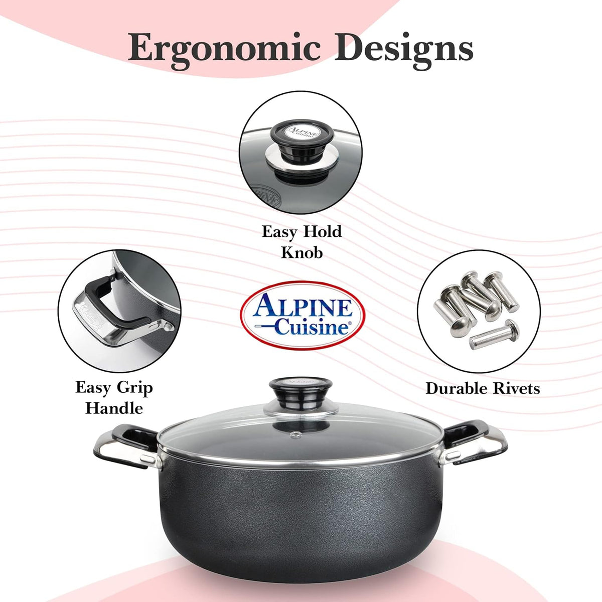 Alpine Cuisine 13 Quart Non-stick Stock Pot with Tempered Glass Lid and Carrying Handles, Multi-Purpose Cookware Aluminum Dutch Oven for Braising, Boiling, Stewing