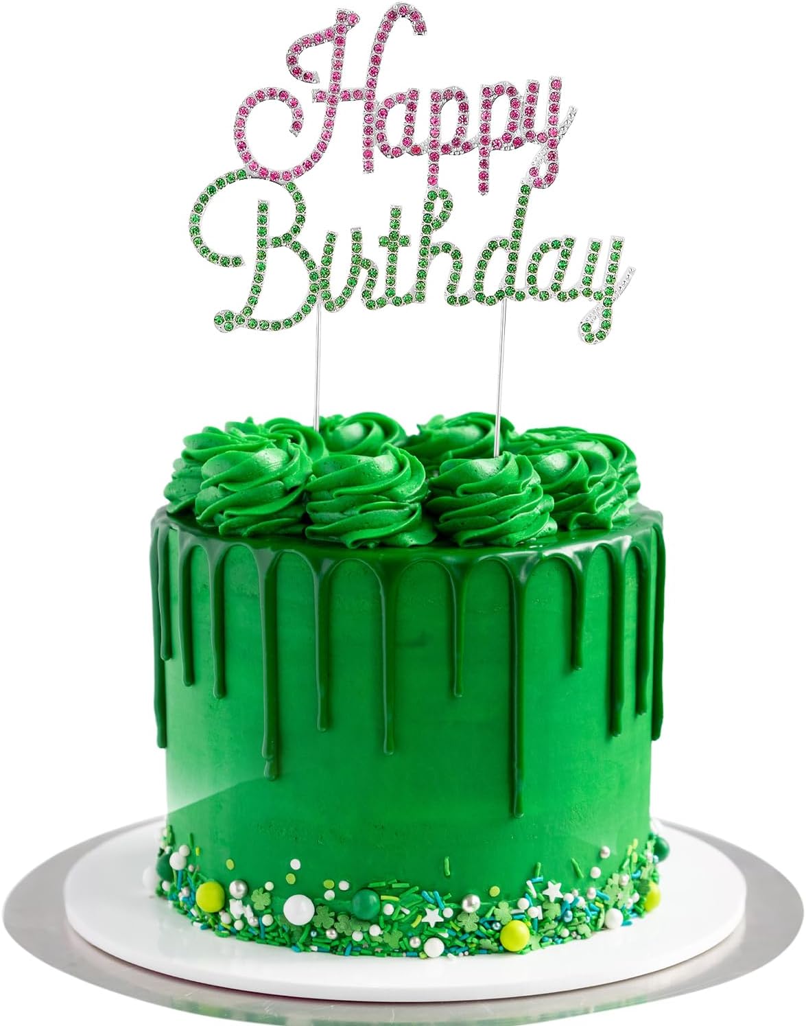 Happy Birthday Cake Topper Pink & Green Rhinestones Wicked Themed Cake Topper for Birthday Party Decorations