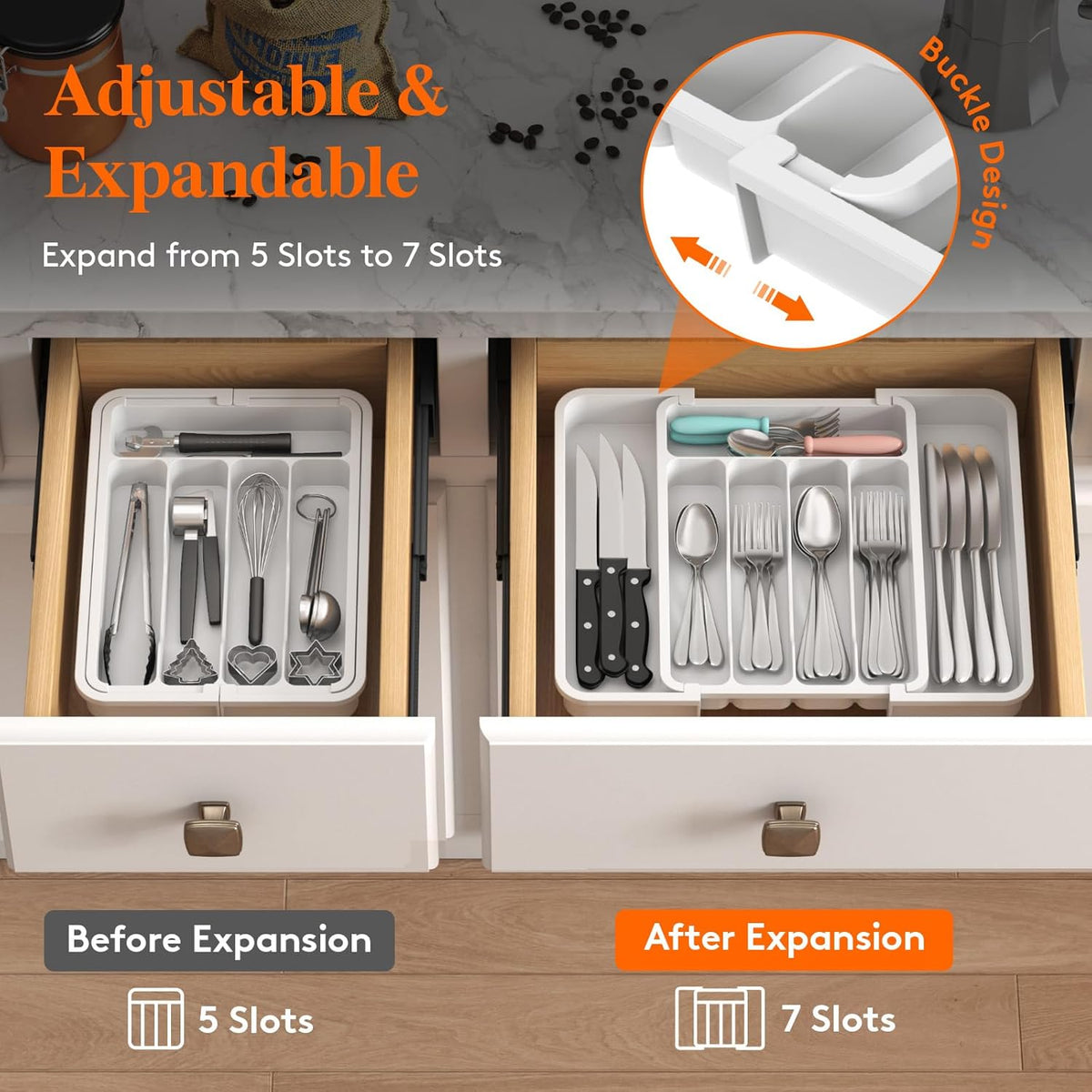 Lifewit Silverware Drawer Organizer, Expandable BPA Free Utensil Tray for Kitchen, Adjustable Flatware and Cutlery Holder for Spoons Forks Knives, Plastic Kitchen Organizers and Storage, White