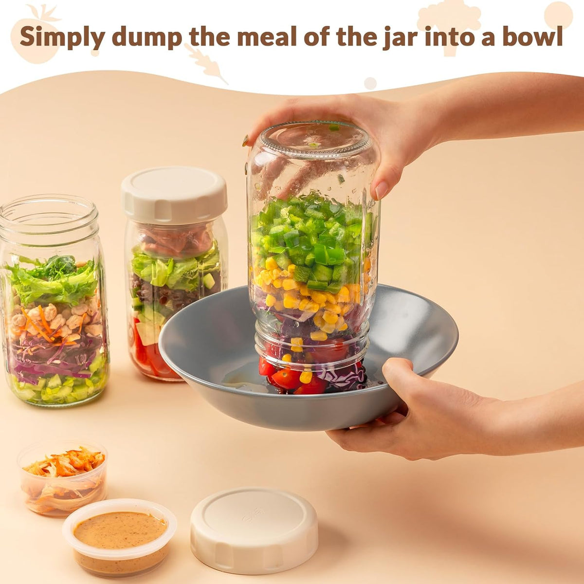SOLIGT 4 Pack Glass Salad Jars with Lids Meal Prep, Leakproof Container for Lunch, Two Small Built-in Boxes with Wet/Dry Separation for Salad Dressing and Dry Ingredients, 32oz Mason Jars