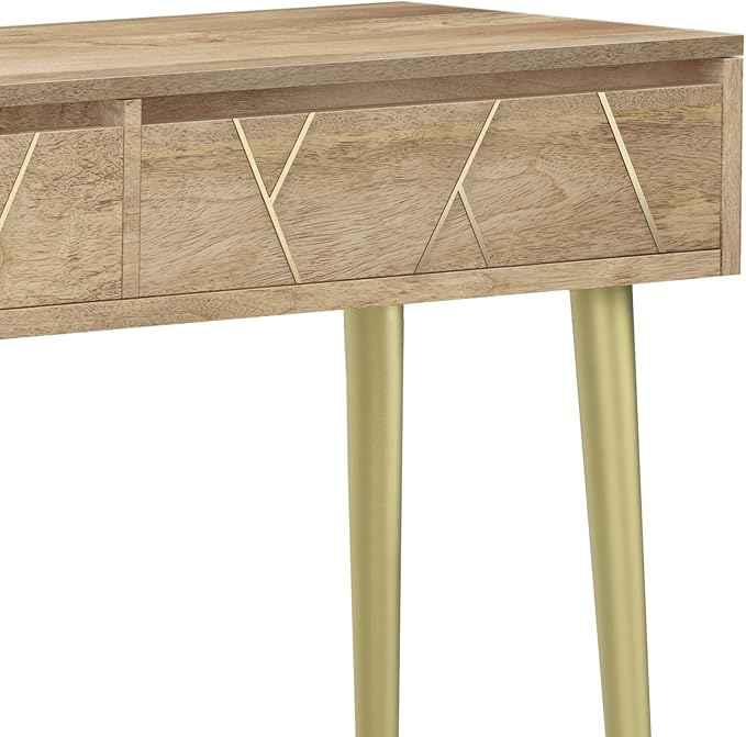 SIMPLIHOME Jager Console Table - 48 Inch Wide Solid Mango Wood Sofa Table in Natural, Mid-Century Modern Storage Table for Entryway or Living Room with 2 Drawers, Brass Inlay, and Gold Metal Legs