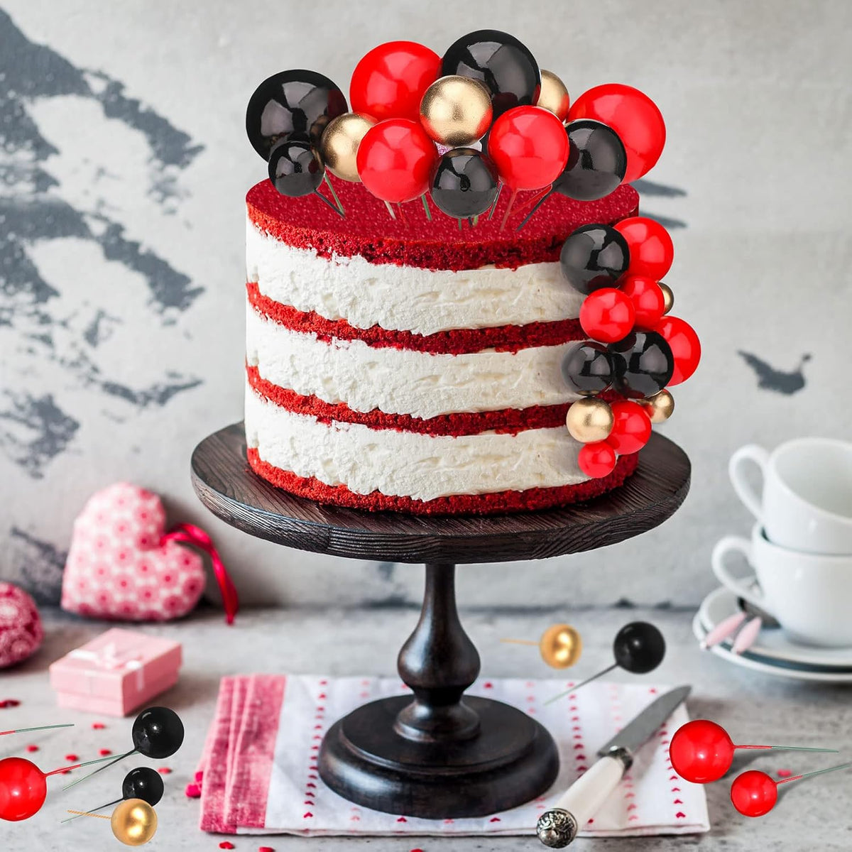 108 Pcs Balls Cake Topper DIY Cupcake Insert Foam Balloons for Cake Baking Wedding Anniversary Birthday Decoration(Red, Black, Gold,Multi Sizes)