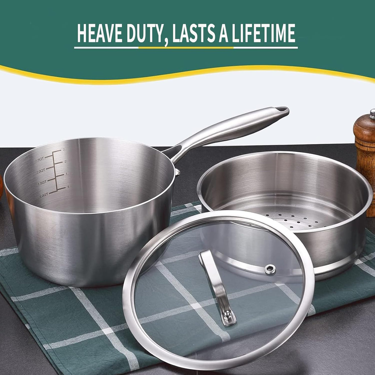 DELARLO Kitchen Tri-Ply Stainless 3-Quart Steamer Set With Glass Lid,with Ergonomic Handle, Multipurpose Sauce Pan, Sauce Pot，oven safe