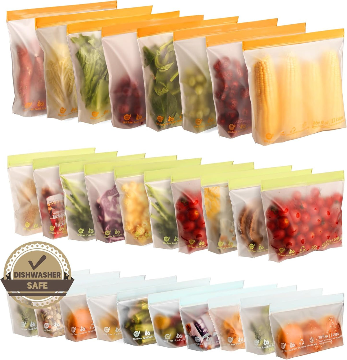 28 Pack Reusable Food Storage Bags,Leakproof Freezer Bags BPA Free Stand Up Sandwich Bags for Lunch Salad Fruit Travel,Dishwasher Safe(8 Gallon,10 Sandwich,10 Snack)