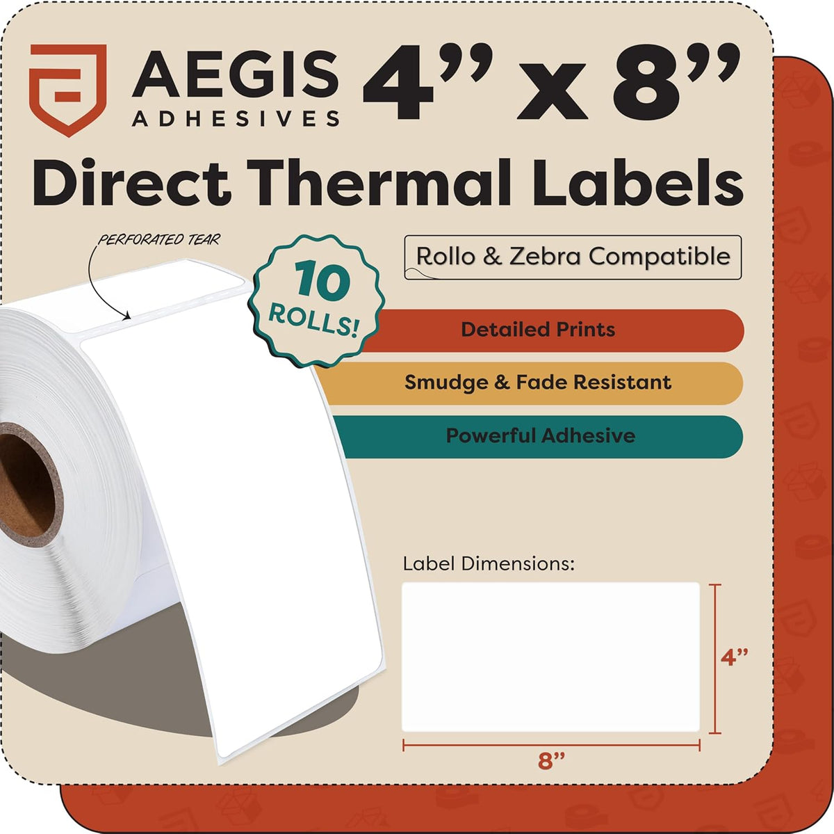 Aegis Adhesives - 4" X 8" Direct Thermal Labels Compatible with Rollo, Zebra, and Other Desktop Label Printers (10 Rolls, 200/Roll)