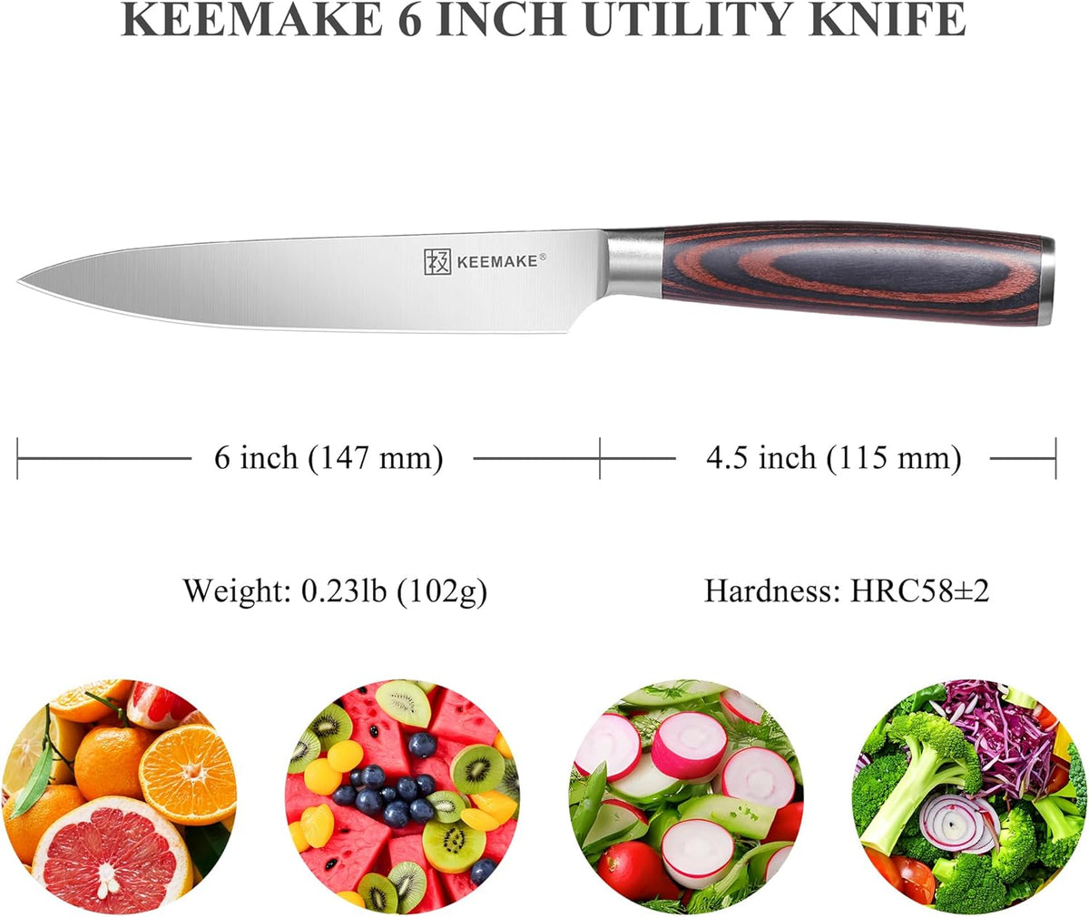 KEEMAKE Utility Knife 6 inch, Paring Knife with German High Carbon Stainless Steel 1.4116 Blade, Fruit Knife with Pakkawood Handle Small Kitchen Knives with Gift Box