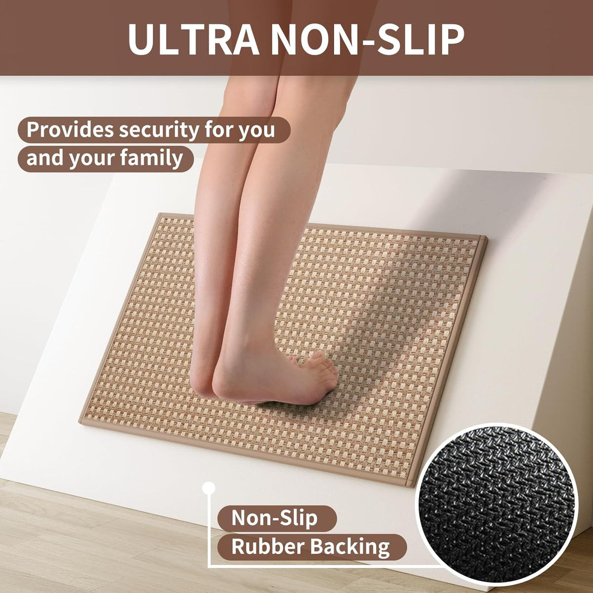 Long Kitchen Runner Rugs Kitchen Mat Non Slip Washable, Super Absorbent Soft Chenille Braided Kitchen Mats for Floor, Rubber Backing Kitchen Floor Sink Standing Mat, Easy Clean, Brown 17"x71"