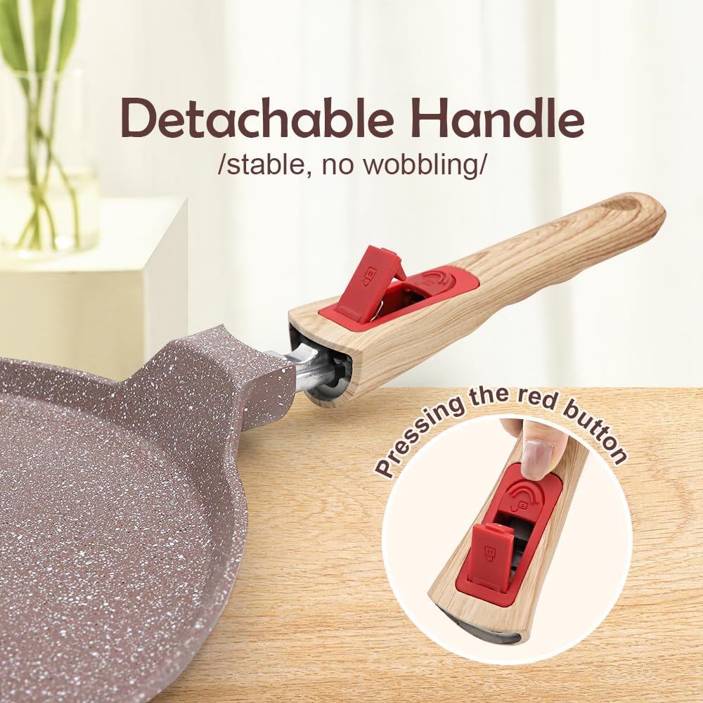 Ceramic Crepe Pan 10 Inch, Nonstick Dosa Pan Pancake Pan with Detachable Handle Round Griddle - Brown