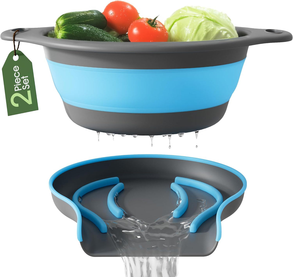 Strainer with Self-Draining Base (5QT) Over-Sink Collapsible Kitchen Colander Set with Side-drain Base for Pasta Vegetables and Fruit, XL Large Capacity, Dishwasher Safe (5-Quart) Blue/Gray