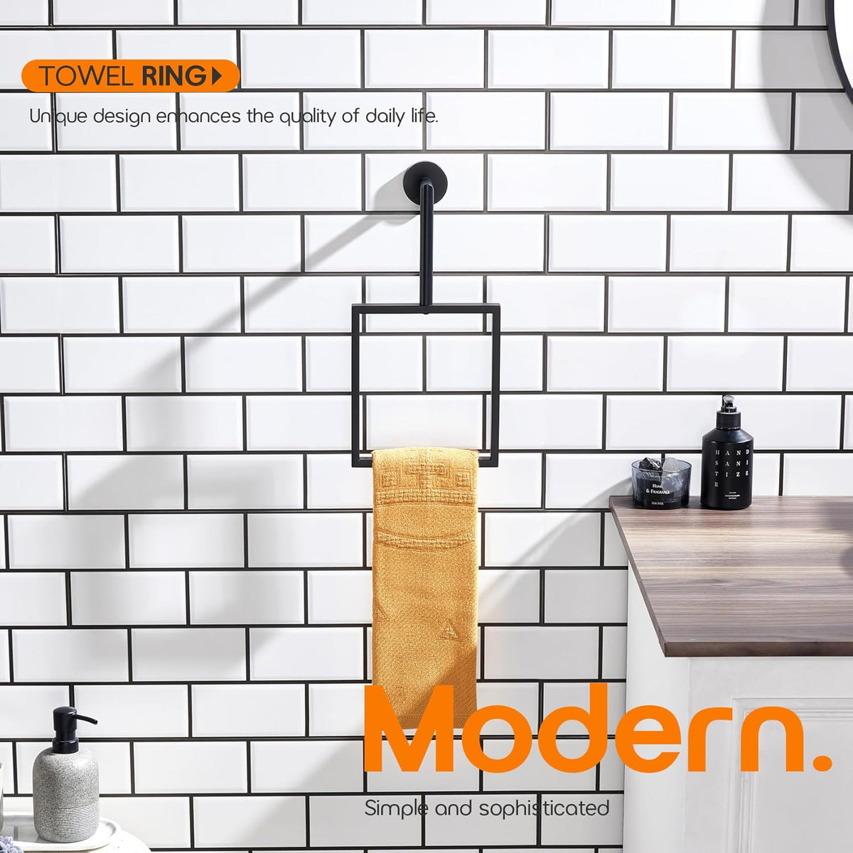 Towel Rack Black Hand Towel Ring Holder for Bathroom Wall Mount Stainless Steel Towels Hanger for Bathroom and Kitchen Decor, AN3005MB
