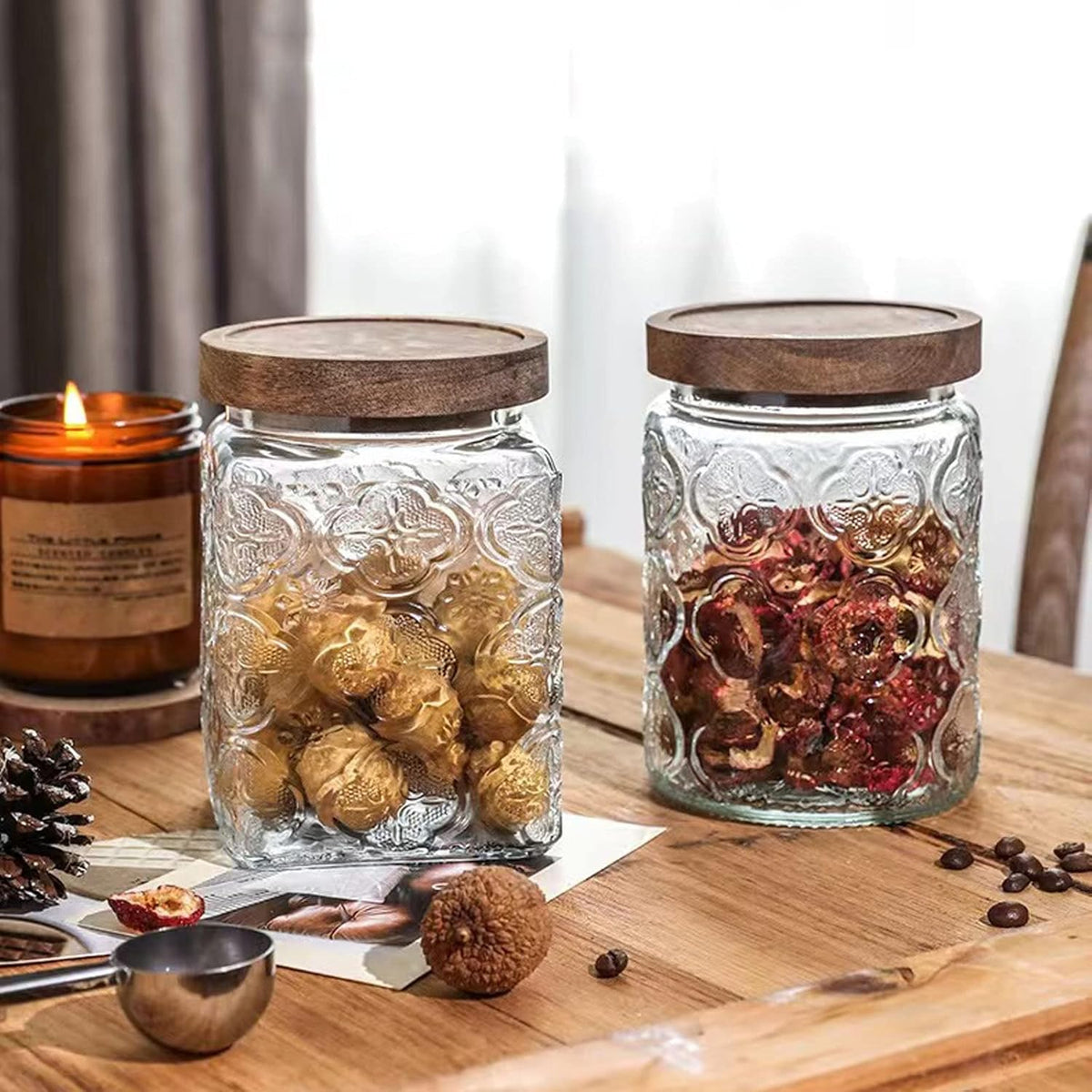 Snminetal Vintage Glass Airtight Storage Jar Set of 4, With Airtight Wood Lid, Kitchen Food Storage Containers,for Kitchen Counter, Pantry, Tea, Sugar,Coffee,Food Storage Jar(Plum pattern)