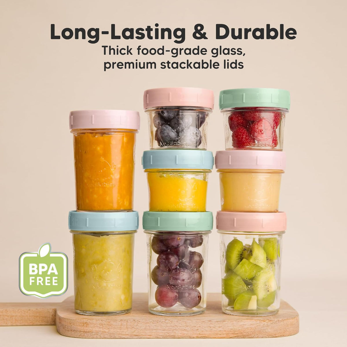 KeaBabies 4pk 8oz Glass Baby Food Containers with Lids - Leak-Proof, Microwavable Small Glass Jars, Baby Purees & Toddler Snack Storage Containers, BPA-Free, Dishwasher & Freezer Safe (Musk Dusk)
