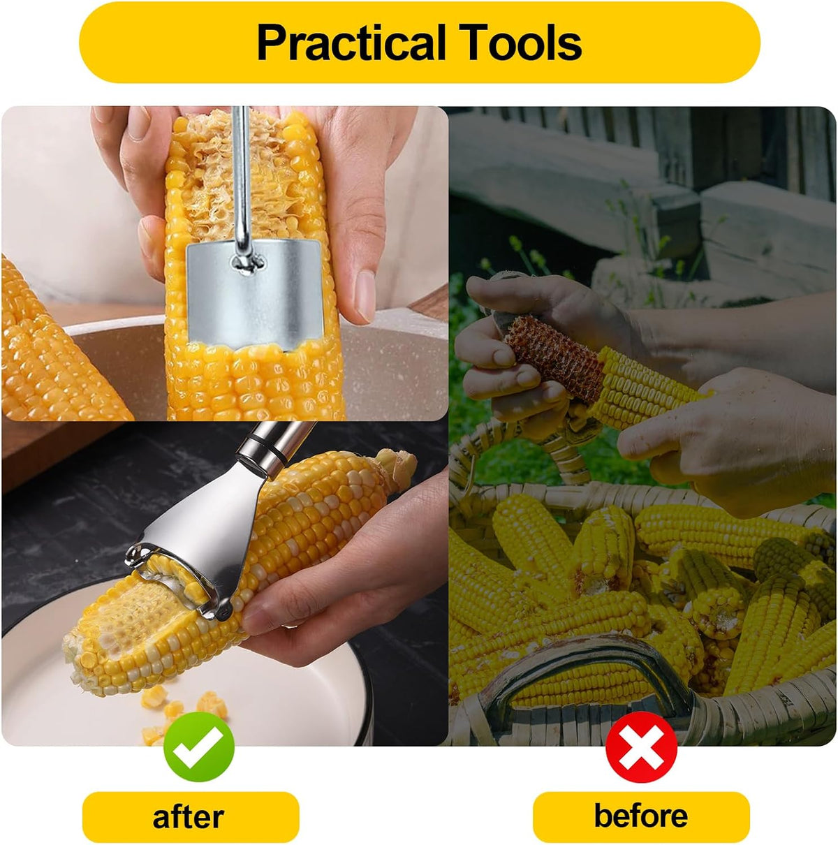 2 Pcs Stainless Steel Corn Peeler and Stripper Tool Set, Corn Stripper Cob Stripper Tool,Corn Stripper for Corn on the Cob Remover Tool，Corn Thresher with Ergonomic Handle，Kitchen Gadget