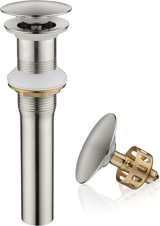 Pop up Sink Drain Stopper Without Overflow Brushed Nickel for Bathroom Vessel Vanity Sink Art Basin, Big Cap Sink Drain Without Overflow, Metal Pop-up Drain Strainer with Detachable Basket Stopper