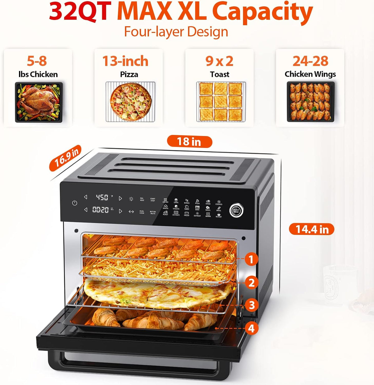 Aeitto® 32-Quart PRO Large Air Fryer Oven| Toaster Oven Combo | with Rotisserie, Dehydrator and Full Accessories | 19-In-1 Digital Airfryer | Fit 13" Pizza, 9pcs Toast, 1800w, Black