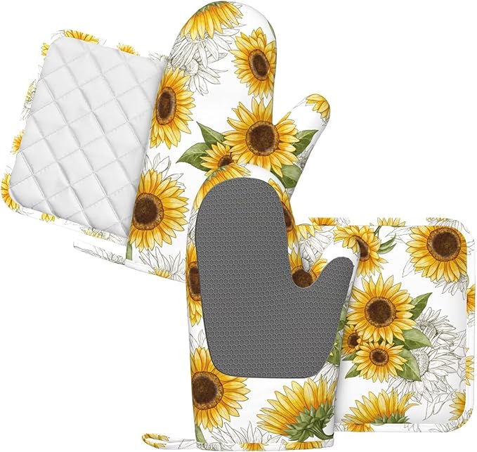 Yellow Sunflower Oven Mitts Pot Holders Set Silicone Heat Resistant Sunflowers Oven Mitts and Hot Pads Yellow Flowers Potholders Non-Slip Oven Gloves for Cooking Baking Grilling BBQ