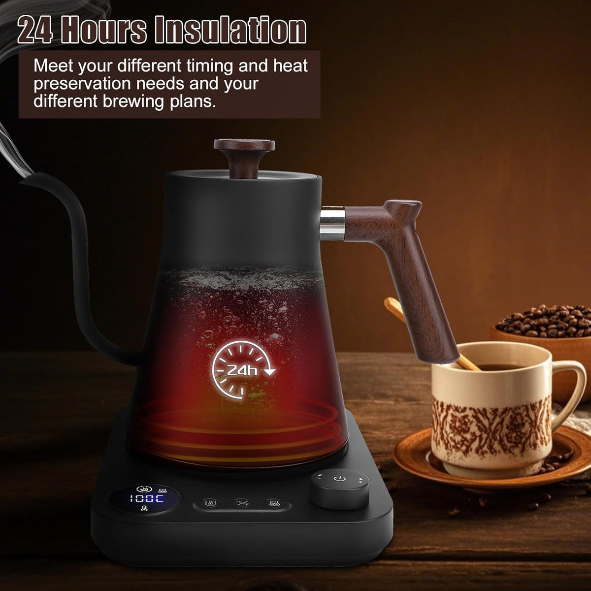 Electric Gooseneck Tea Kettle with Temperature Control, 1200W Electric Coffee Kettle Auto Shut Off Fast Heating, Stainless Steel Smart Water Heater with Timer for Brew Tea, Boil Hot Water (Black)