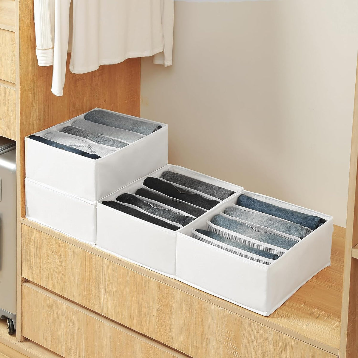 Qozary Jeans Pants Organizer for Closet, 4 Pack Drawer Organizers for Clothing, 5 Grids Wardrobe Clothes Organizer, Jean Organizer for Closet, Deep Drawer, Clothes Organizer for Shirts, Legging