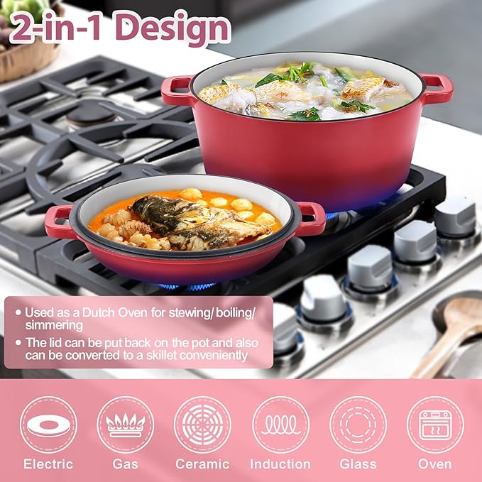 TeamFar 2-In-1 Enameled Cast Iron Dutch Oven, 5 Quart Dutch Oven Pot Cookware with Skillet Lid for Bread Baking Braising Stewing Roasting, Heavy-Duty & Nonstick, Oven Safe & Fit for Induction (Red)