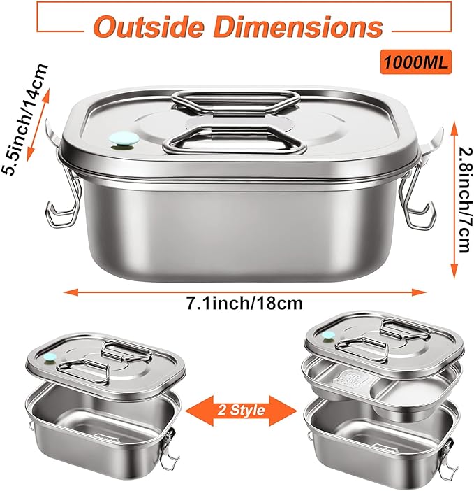 2 Pieces Metal Bento Box for Adults Metal Lunch Box Stainless Steel Bento Containers Leakproof Dual Tiers Lunch Container With Airtight Valve Handle Dishwasher Safe(Small)
