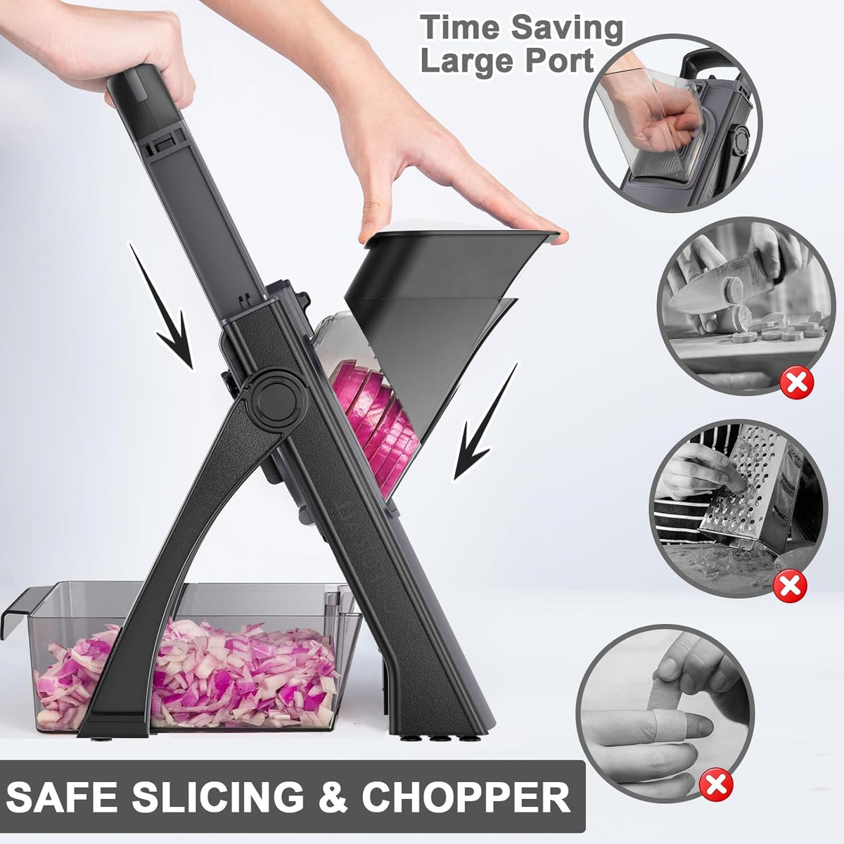 Safe Mandoline Food Slicer for Kitchen, Adjustable Vegetable Chopper Food Slicer with Peeler Thickness Adjuster, Potato French Fry Cutter, Kitchen Chopping Artifact (Black)