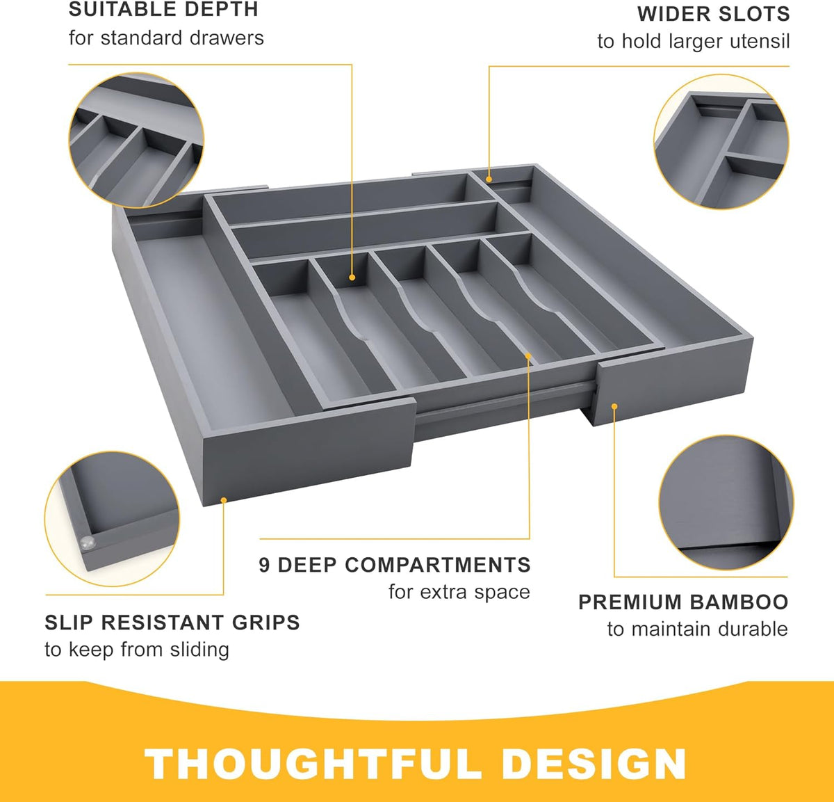 Large Premium Bamboo Silverware Organizer - Expandable Drawer Organizer & Utensil Organizer - 17"x19.7" Cutlery Tray with Dividers for Kitchen Utensils and Flatware (7-9 Slots) (Grey)