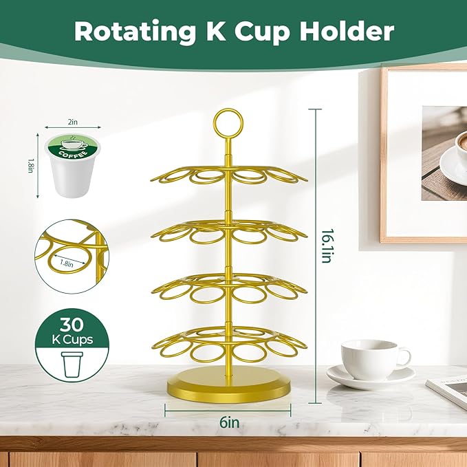 EsLuker.ly K Cup Holder Coffee Pod Organizer Carousel for Counter, Metal Storage Rack Stand for Kitchen, Rotatable 4 Tier Pod Tower Tree for 40 K Cups, Space Saving Meets Elegance, Gold