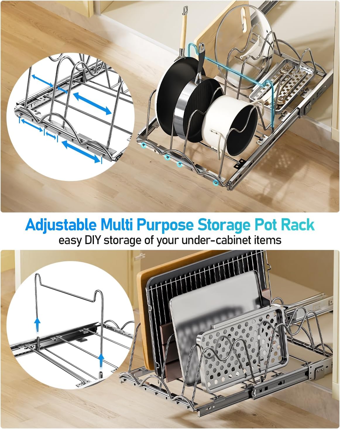 Pull Out Pots and Pans Organizer Under Cabinet, Slide Out Pot Lid Holder, Baking Tray and Cookie Sheet Storage, Adjustable Width, Fully Extendable Kitchen Cabinet Organizers(11’’W×17’’D)