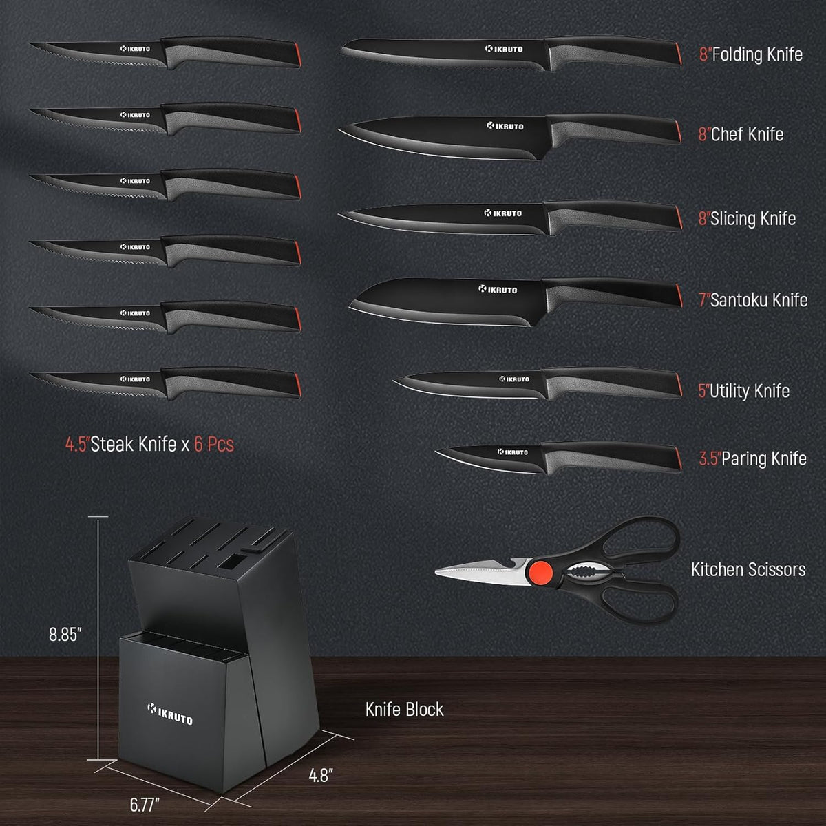 15-Piece Professional Kitchen Knife Set with Block – Built-in Sharpener, Anti-Slip Handles, Non-Slip Base – Effortless Cooking Tools for Chefs & Home Cooks (Black Red)