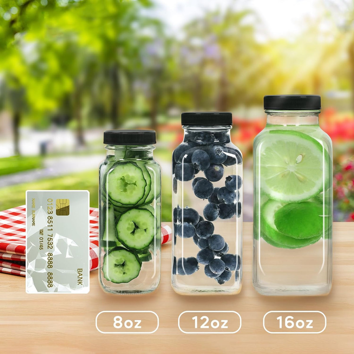 STARSIDE 16 oz Glass Juice Bottles with Lids 3 Pack - Square Reusable Drinking Jars for Juicing, Milk, Kombucha - Includes 1 Bottle Brush, 6 Colored Labels