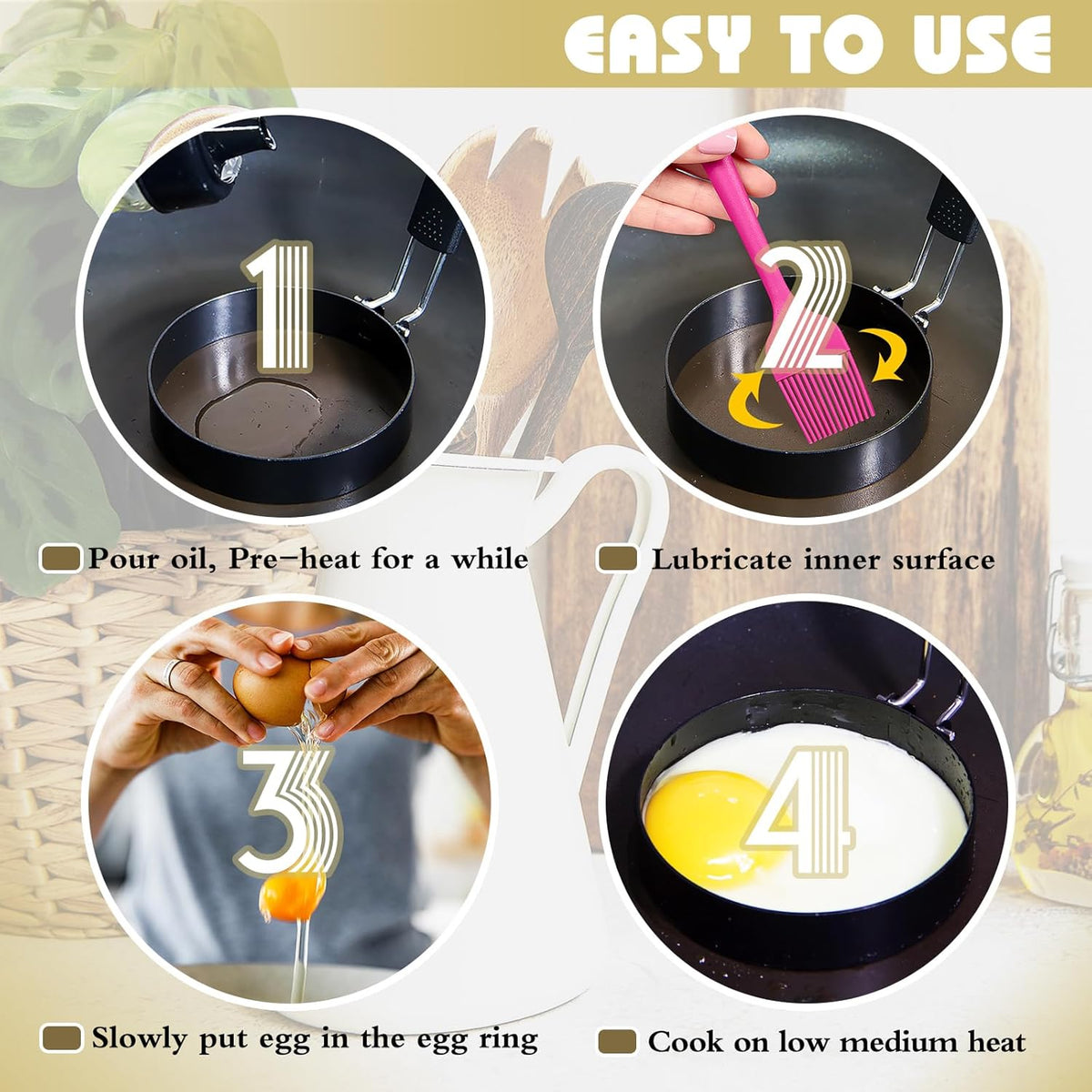 Round+Heart Egg Rings Set with Silicone Handle, Stainless Steel Egg Cooking Rings，Nonstick，For Frying Eggs and Egg Mcmuffins, Egg Mold For Breakfast